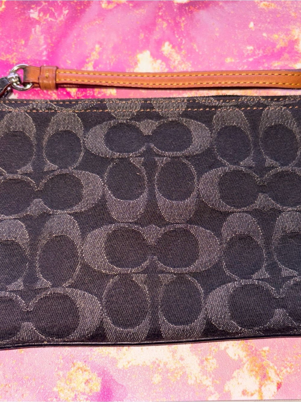 Coach Black Signature Jacquard Wristlet with Tan Strap